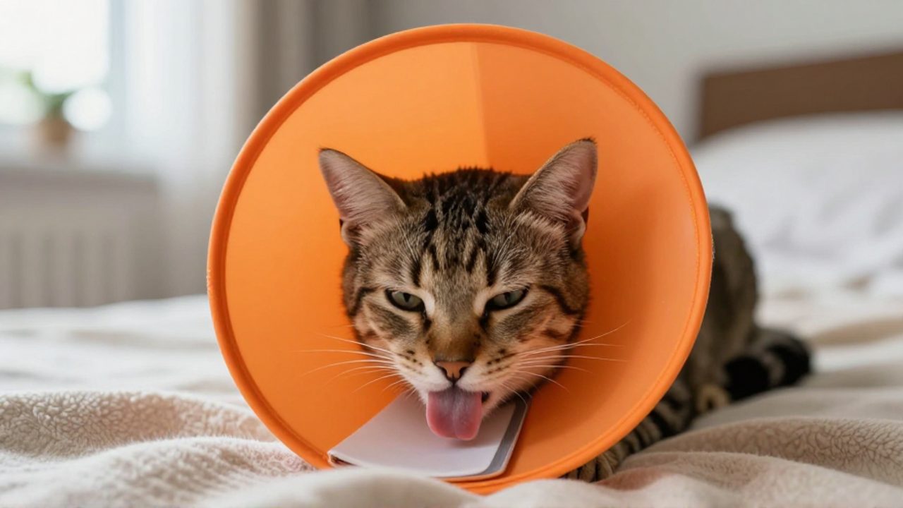Gato con un collar isabelino naranja para evitar que se lama mientras descansa sobre una manta.