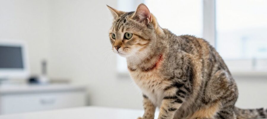 Gato sentado en una mesa de consulta veterinaria con una pequeña lesión rojiza en el costado de su piel.