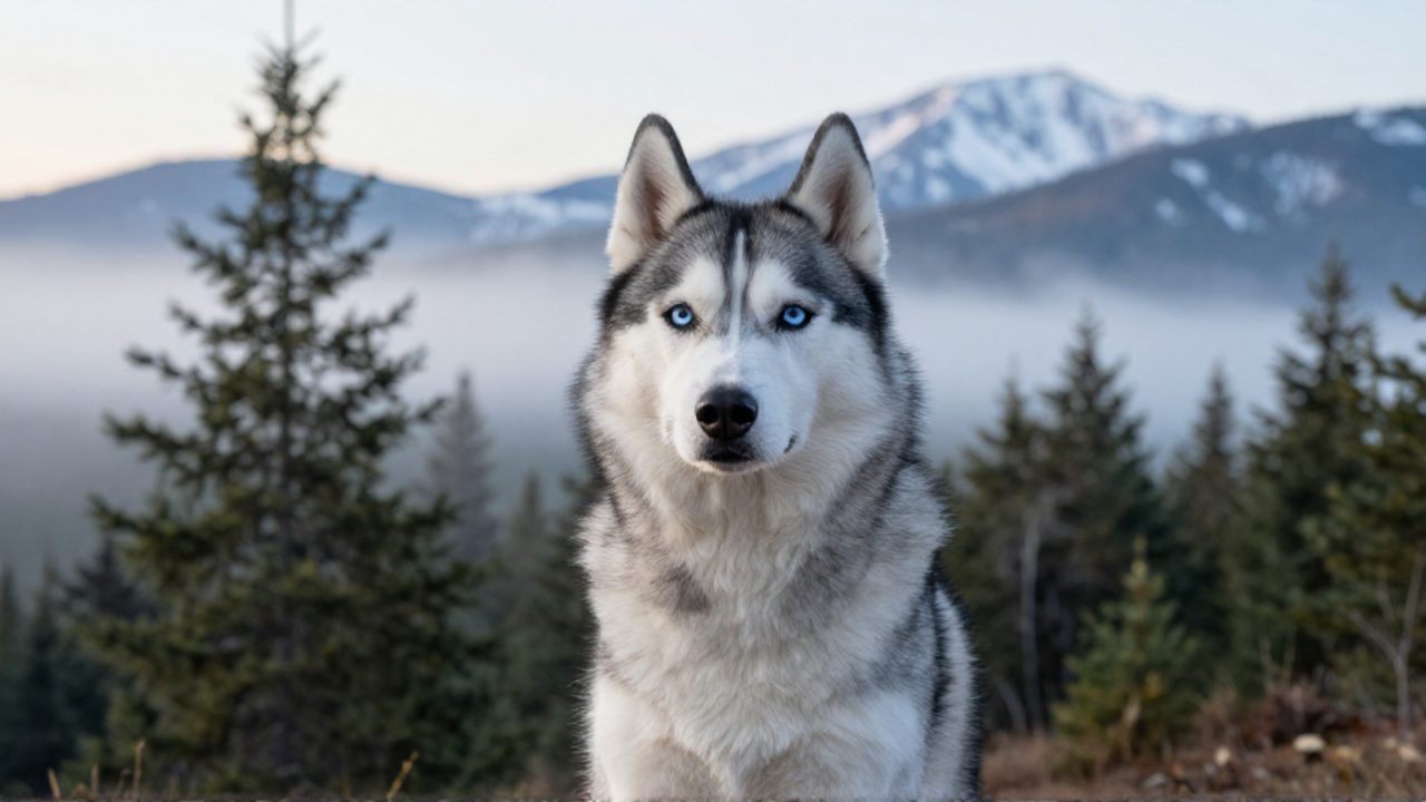 Siberian Husky de mirada atenta y ojos azules sentado en un bosque neblinoso con montañas nevadas al fondo.