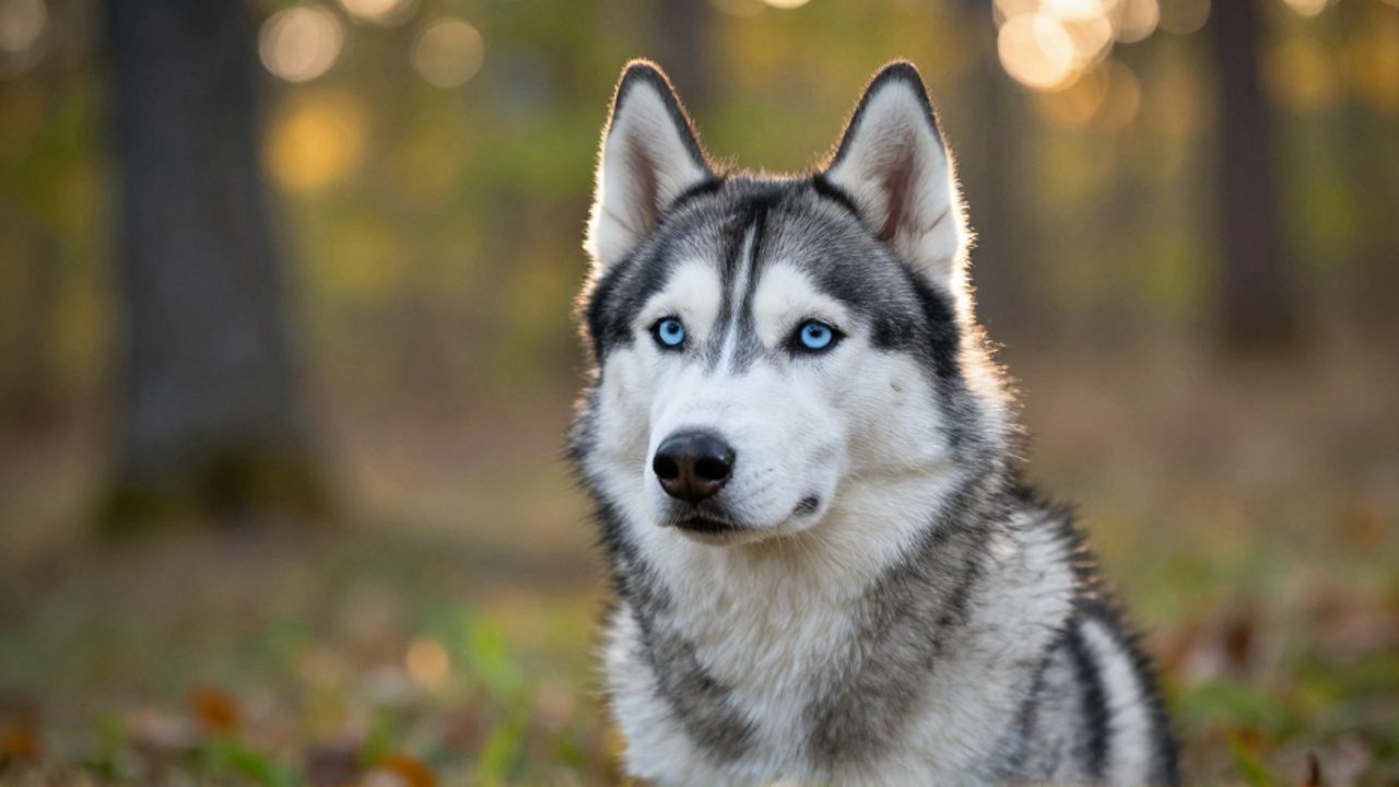 Un Husky siberiano de ojos azules mira con atención en un entorno de bosque iluminado por el sol.