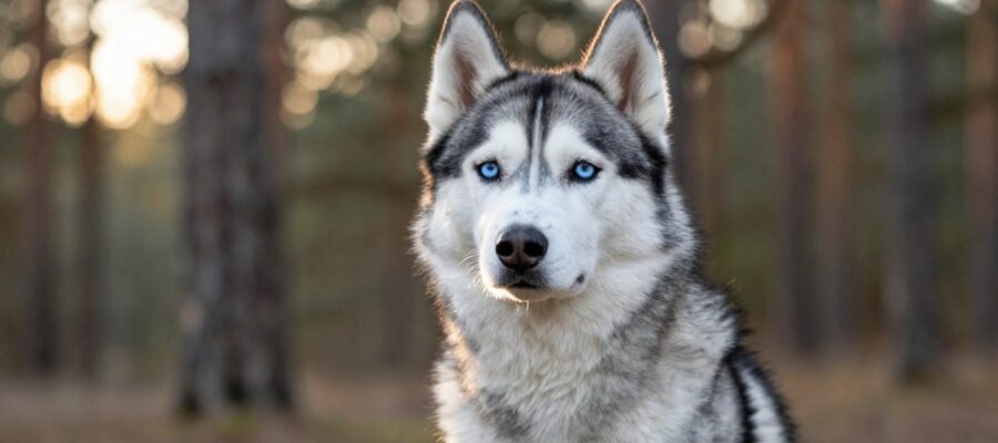 Primer plano de un perro Husky siberiano de ojos azules y pelaje gris y blanco sentado en un bosque durante el atardecer.