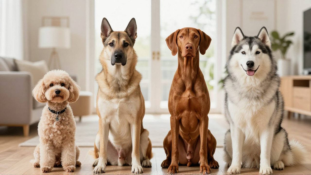 Cuatro razas de perros de distintos tamaños y pelajes, incluyendo un Volpino Italiano y un Vizsla, sentados juntos en una sala luminosa.