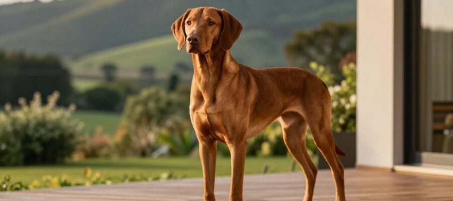 Perro raza Vizsla de pelaje cobrizo parado sobre un porche de madera con un paisaje verde de fondo.