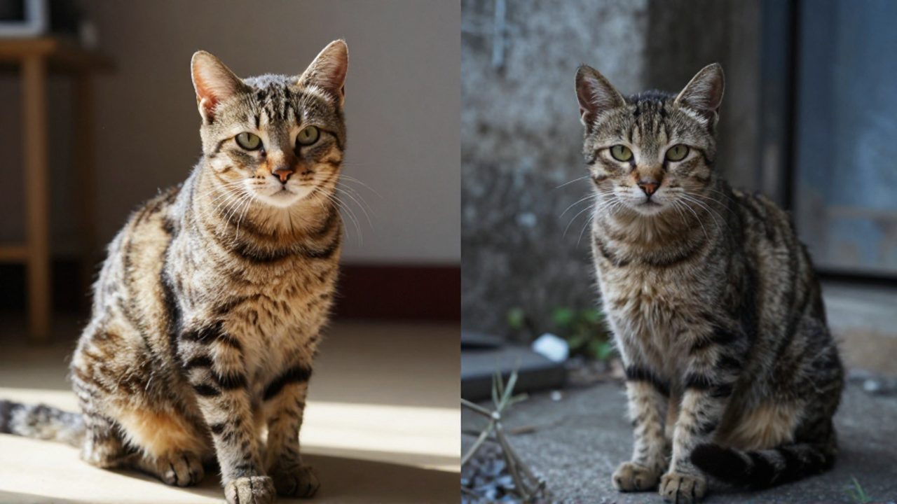 Comparativa entre un gato doméstico de pelaje brillante y limpio en una sala iluminada, frente a un gato callejero de aspecto delgado y pelaje descuidado en un callejón.