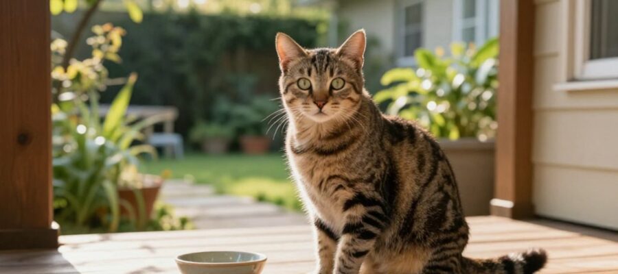 Gato atigrado sentado tranquilamente en un porche de madera iluminado por el sol, junto a un cuenco con agua, en un entorno doméstico con jardín de fondo.