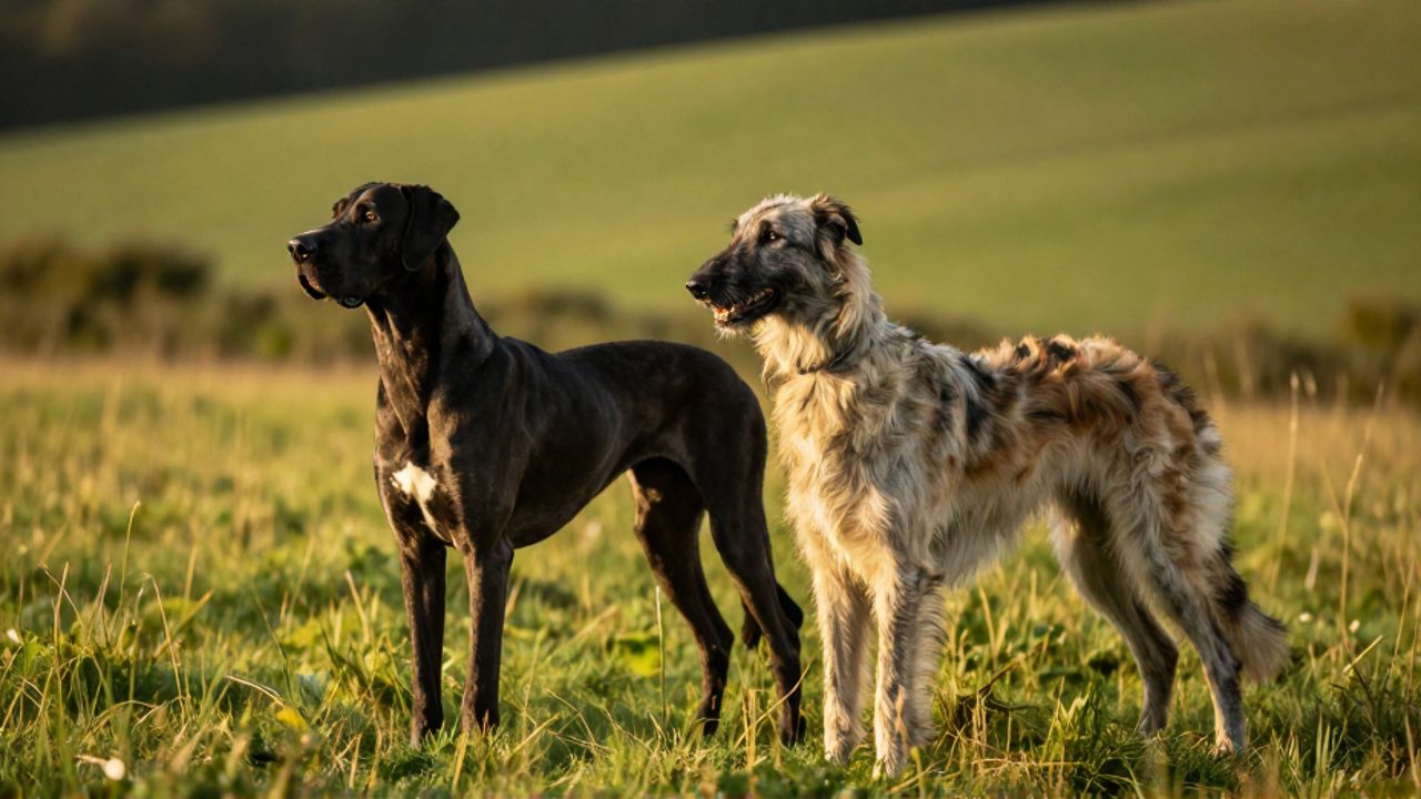 Un Gran Danés y un Wolfhound irlandés se encuentran de pie uno al lado del otro en un prado iluminado por el sol.