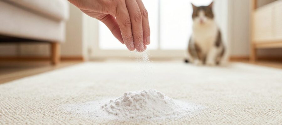 Manos esparciendo una mezcla de bicarbonato y sal sobre una alfombra mientras un gato observa desde el fondo de una sala iluminada.