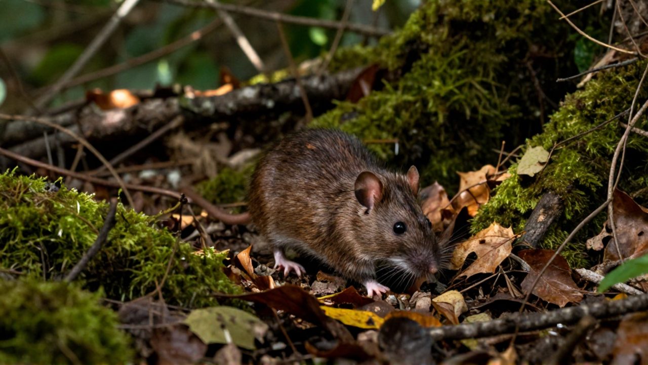 Una rata silvestre busca alimento entre hojas secas y musgo en el suelo de un bosque.