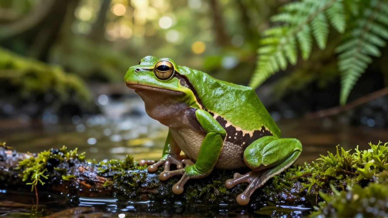 Una rana arborícola de color verde brillante con el saco vocal inflado, posada sobre una rama con musgo junto a un arroyo en la selva.