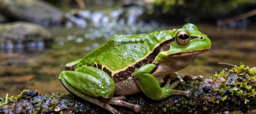 Rana arborícola de color verde brillante con piel húmeda descansando sobre una rama con musgo en un entorno de bosque tropical.