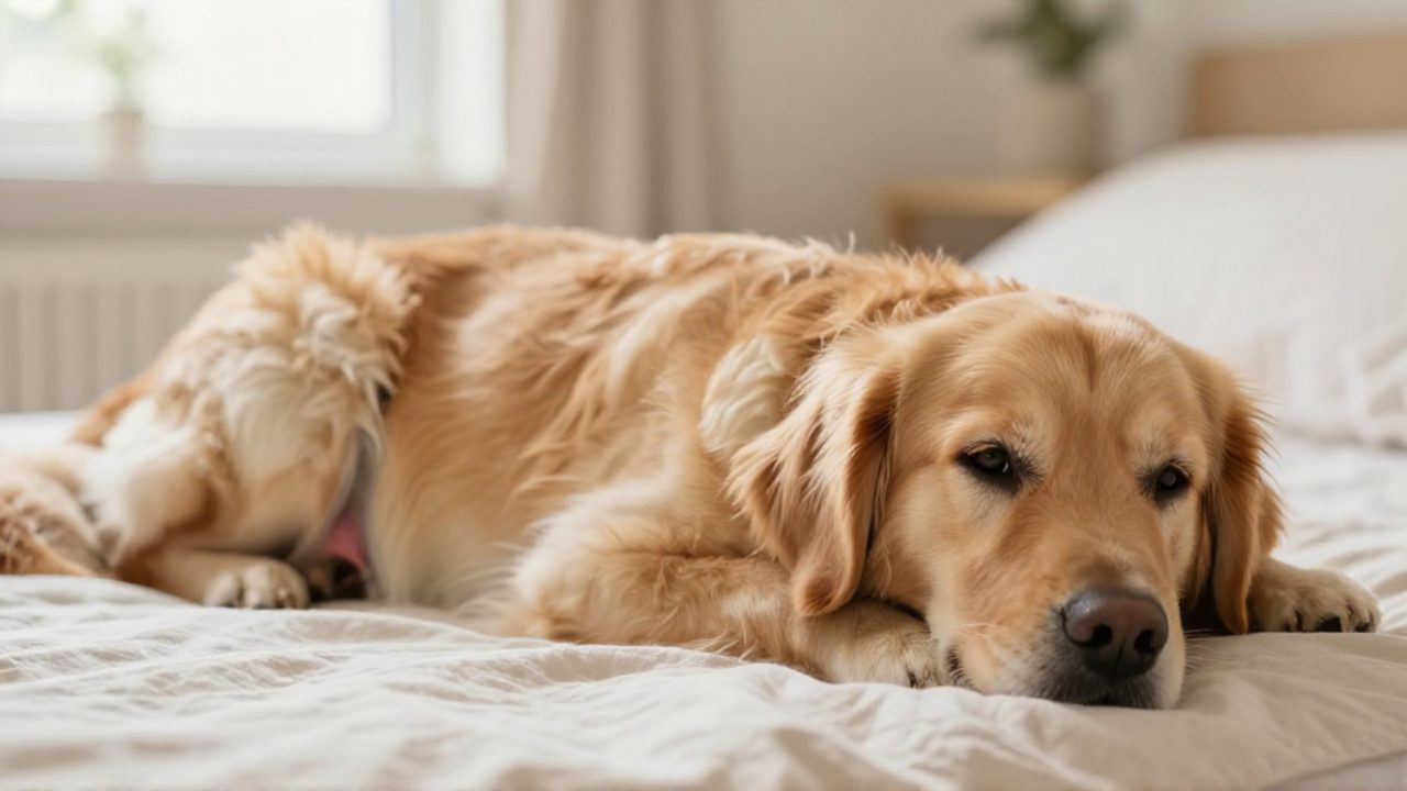 Una perra Golden Retriever descansa tranquila sobre una manta, mostrando signos físicos sutiles como un ligero cambio de color en sus glándulas mamarias.
