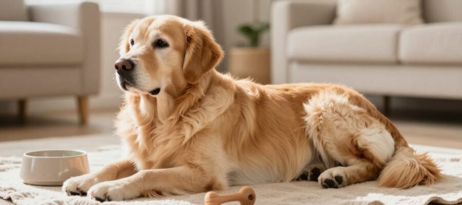 Perra Golden Retriever descansando sobre una manta en una sala iluminada, mostrando un abdomen aún delgado.