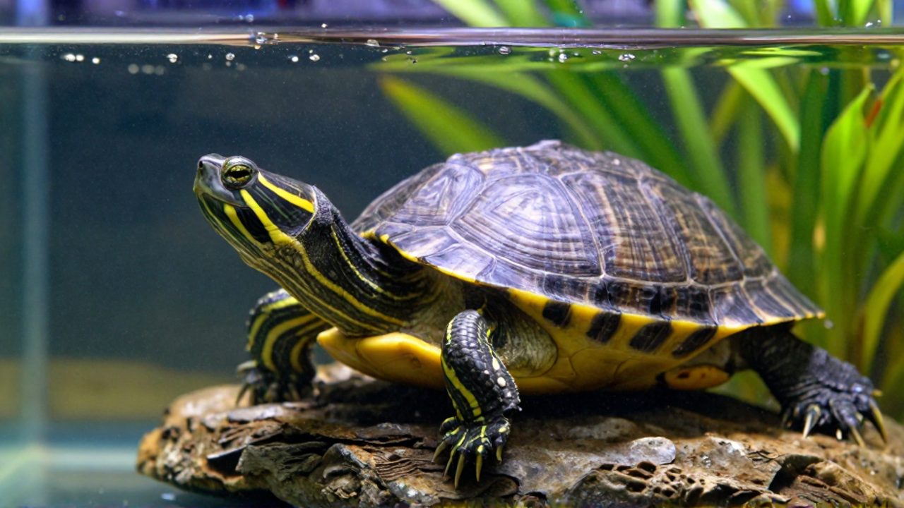 Tortuga de orejas amarillas descansando sobre una piedra en un acuario de agua limpia con plantas acuáticas al fondo.