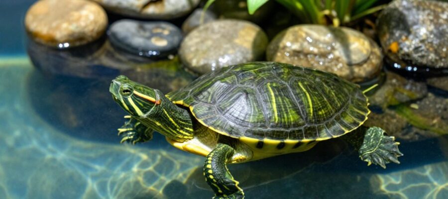 Tortuga de orejas amarillas nadando en un acuario limpio con piedras y plantas acuáticas de fondo.