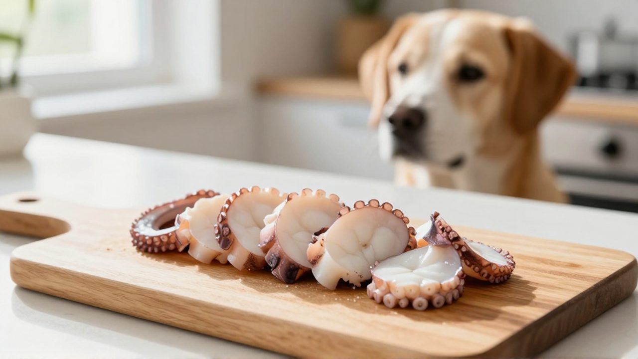 Trozos de pulpo cocido cortados sobre una tabla de madera en una cocina, con un perro esperando al fondo.