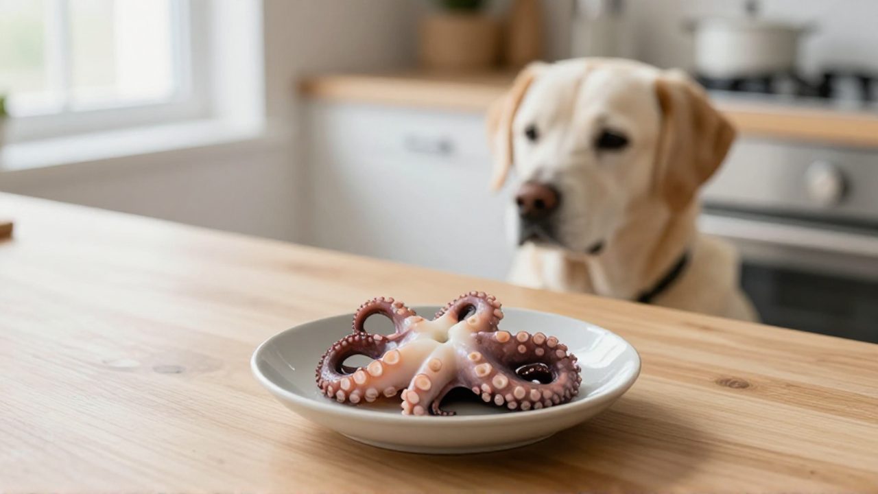 Trozo de pulpo cocido sin condimentos servido en un cuenco de cerámica frente a un perro que espera con interés.