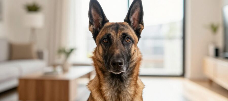 Pastor belga Malinois sentado con expresión atenta en una sala de estar luminosa y moderna.