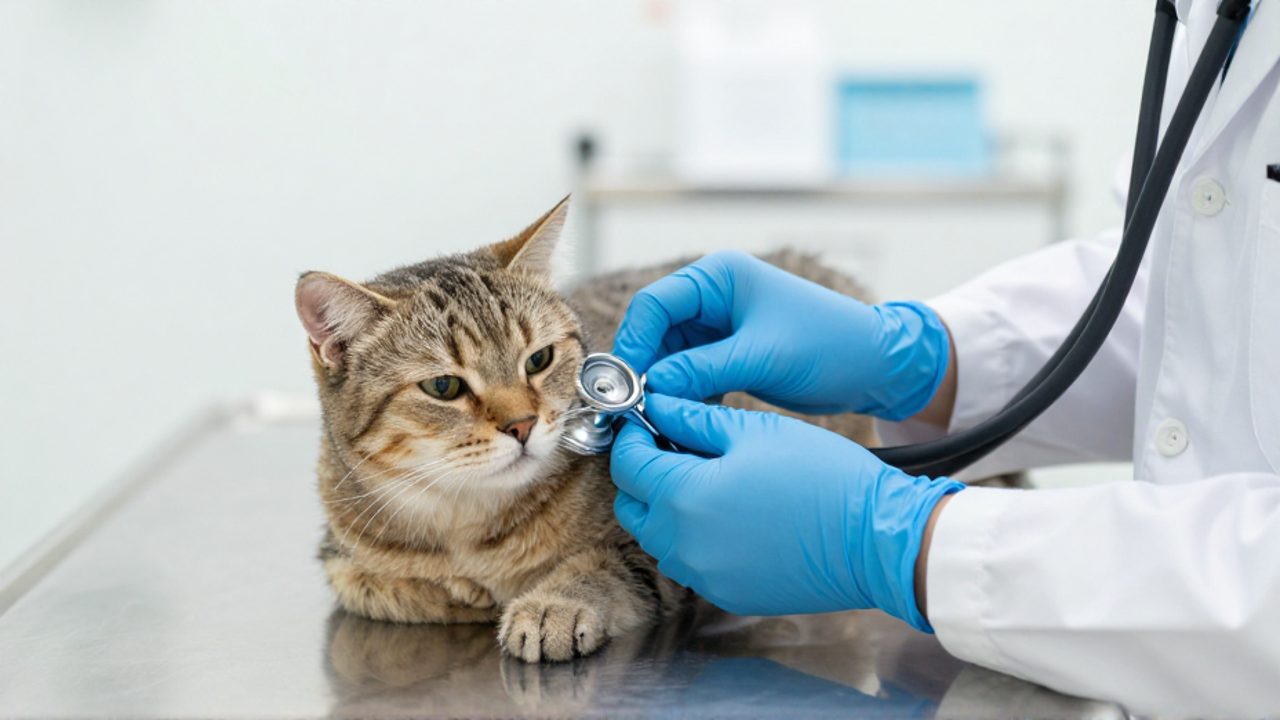 Un veterinario con guantes azules utiliza un estetoscopio para examinar a una gata sobre una mesa de consulta clínica.