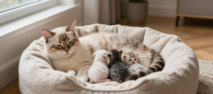Una gata descansando en una cesta acogedora junto a tres gatitos recién nacidos que se acurrucan contra su vientre.