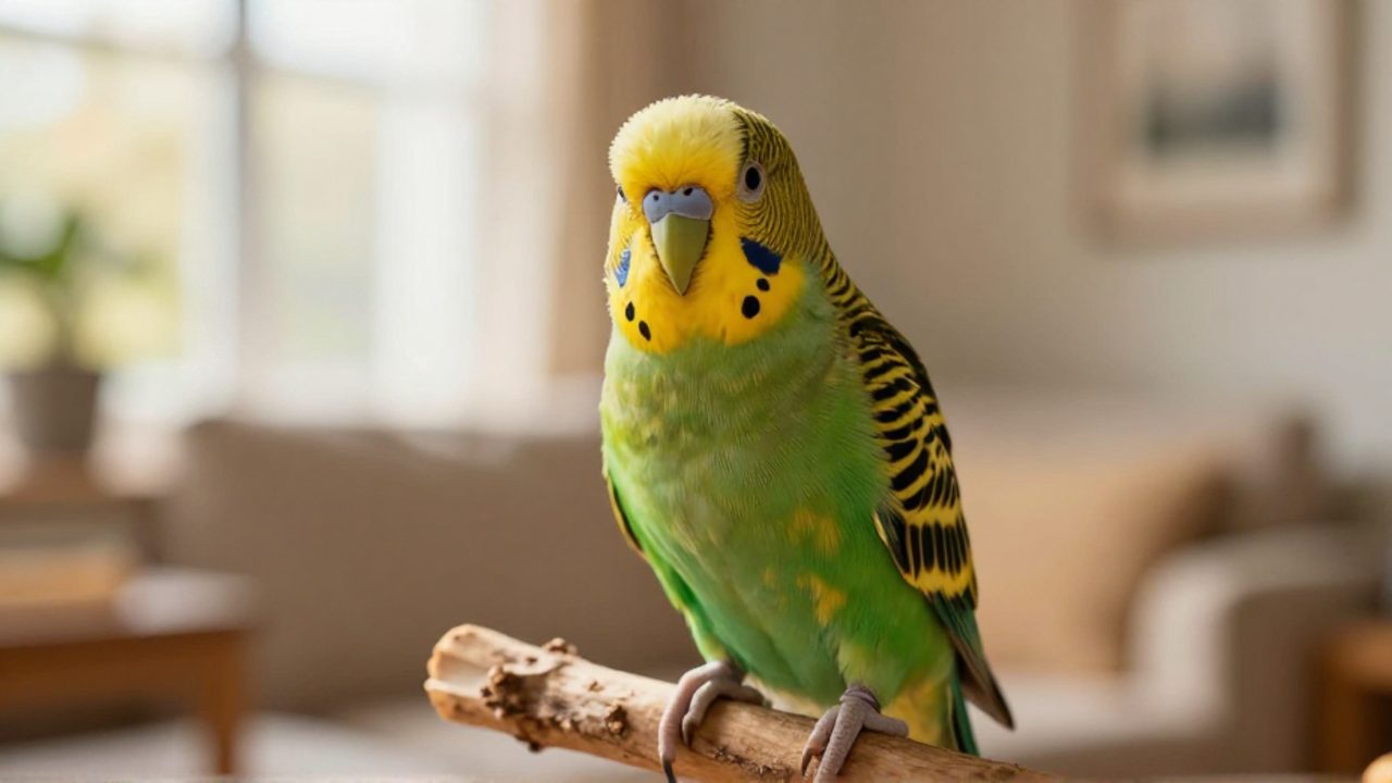 Loro de colores verde y amarillo posado tranquilamente sobre una rama de madera en un ambiente doméstico luminoso.