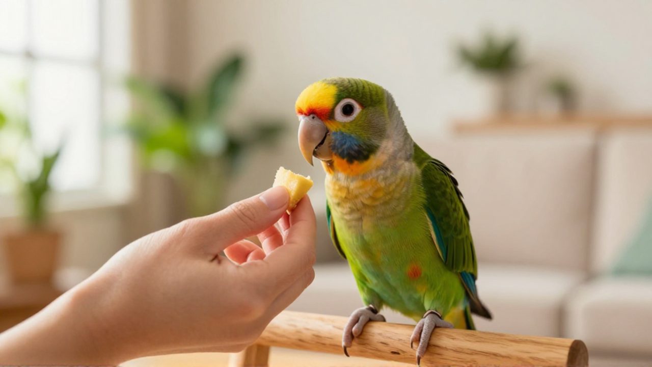 Loro hembra colorido sobre una percha de madera mirando con atención la mano de una persona que le ofrece un trozo de fruta como recompensa.