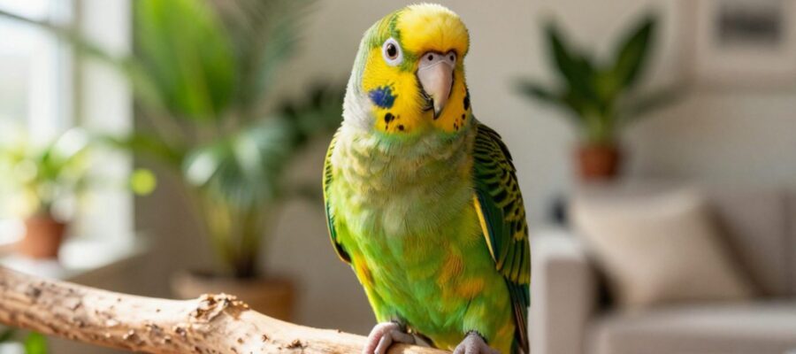 Loro de plumaje verde y amarillo posado sobre una rama de madera en un salón iluminado.