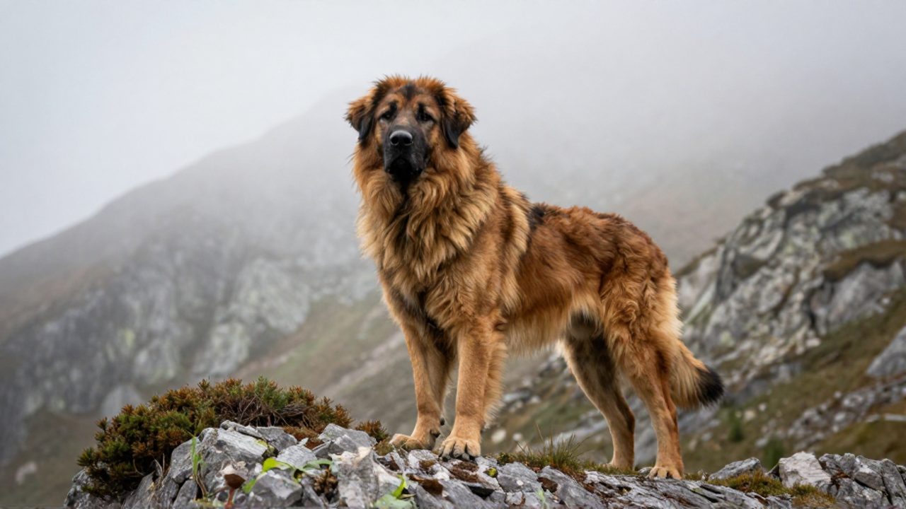 Perro Leonberger de complexión robusta y melena dorada parado en una cresta montañosa entre la niebla.