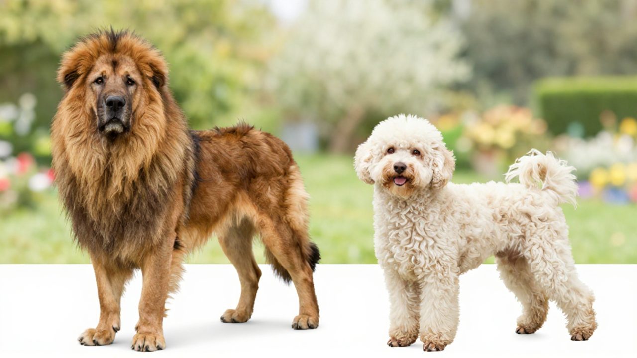 Un Leónberger de pelaje denso y un Lagotto Romagnolo de pelo rizado posan juntos para comparar su tamaño y textura de manto.