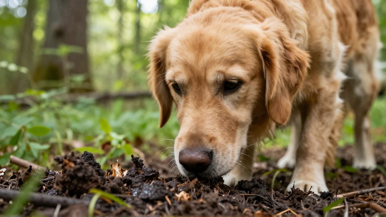 Un perro Golden Retriever olfatea con atención un terreno húmedo con materia orgánica en un entorno boscoso.