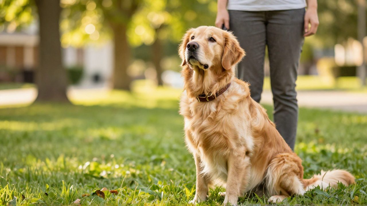 Un Golden Retriever sentado en un parque verde mira con atención hacia su dueño durante un paseo.