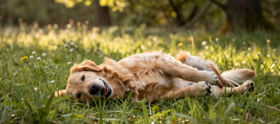 Un perro Golden Retriever se revuelca alegremente sobre la hierba en un campo con flores silvestres.