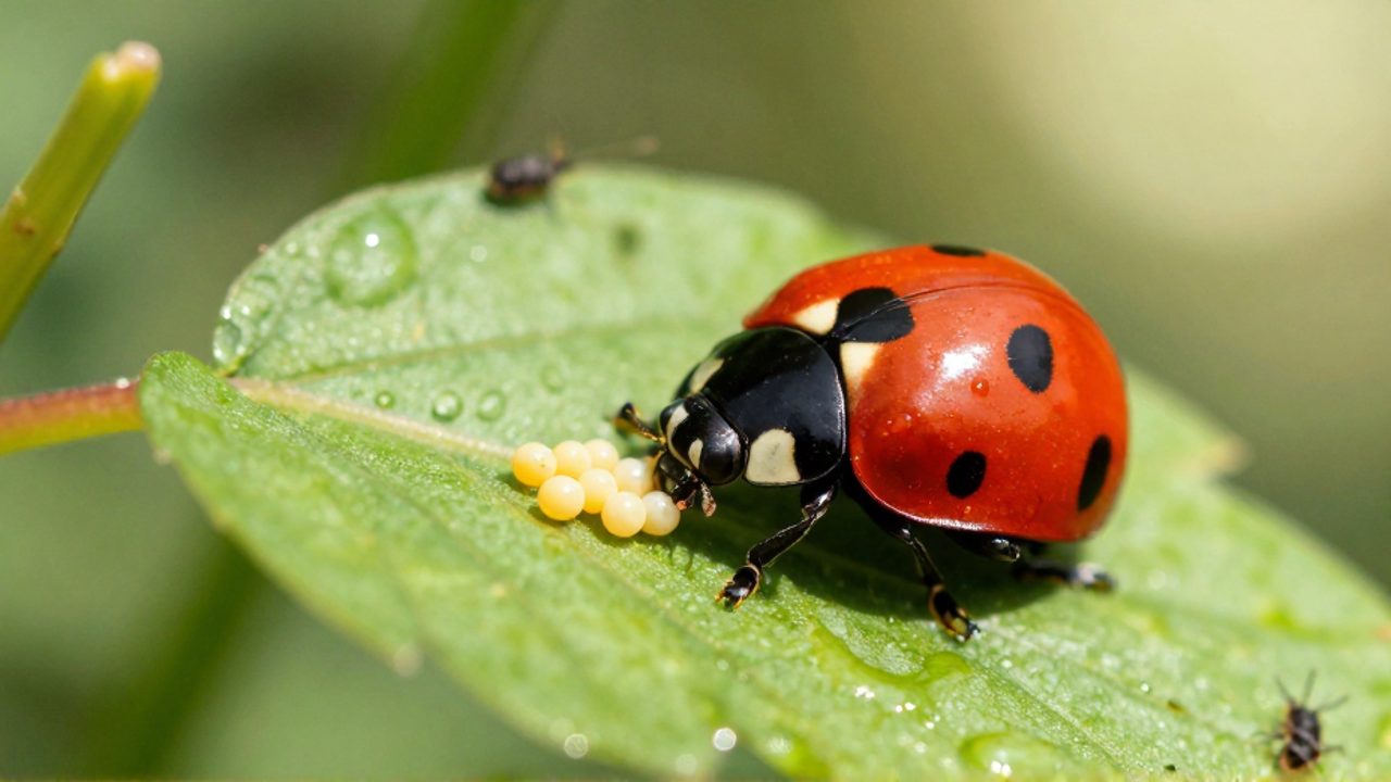 Una catarina roja con manchas negras deposita un grupo de pequeños huevos amarillos en el envés de una hoja verde.