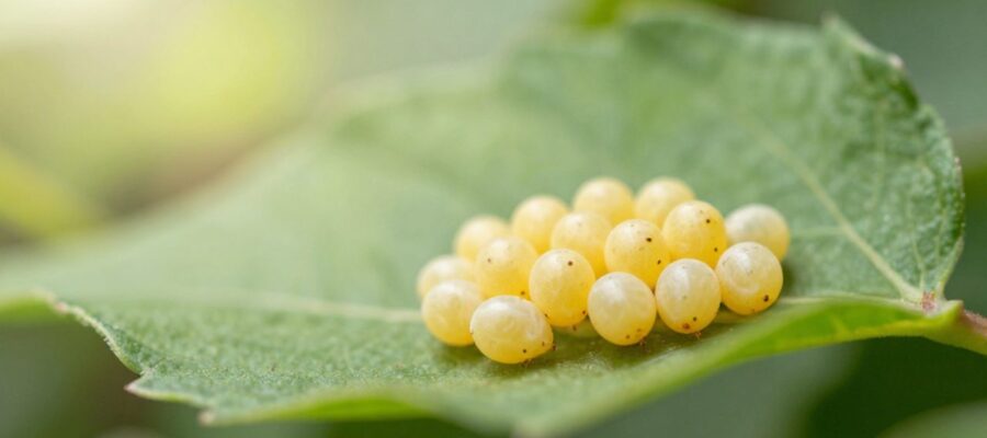 Grupo de pequeños huevos de color amarillo pálido adheridos al envés de una hoja verde.