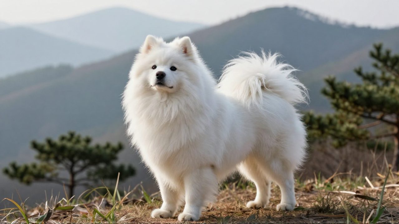 Perro Sapsali de pelaje blanco y largo parado en un paisaje montañoso con neblina.