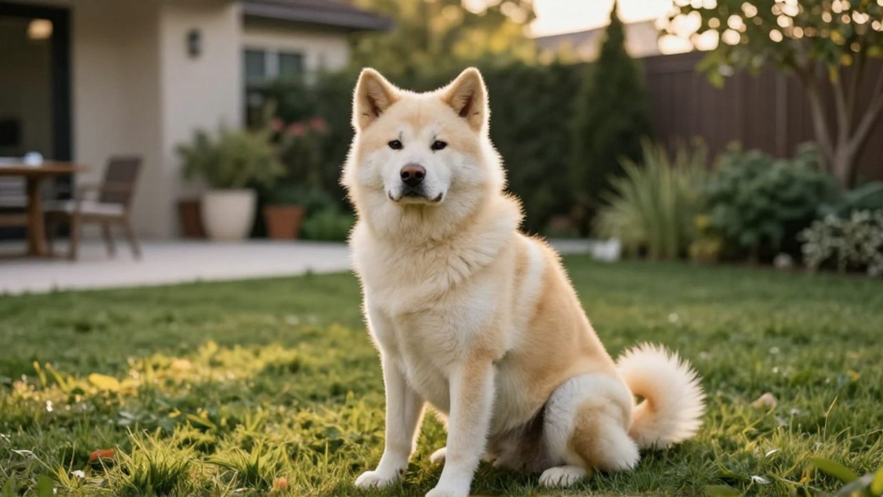 Perro Jindo de color crema sentado con actitud alerta y tranquila en el jardín de una casa.