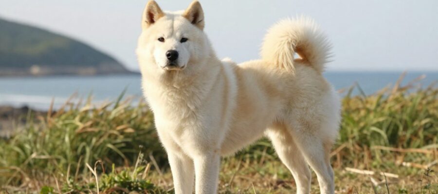 Un perro Jindo de pelaje crema permanece atento en un paisaje de colinas y pastizales junto a la costa.