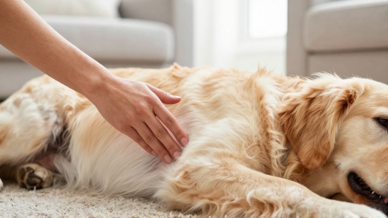 Una mano examina con cuidado la piel del vientre y la parte interna de la pata de un perro golden retriever.