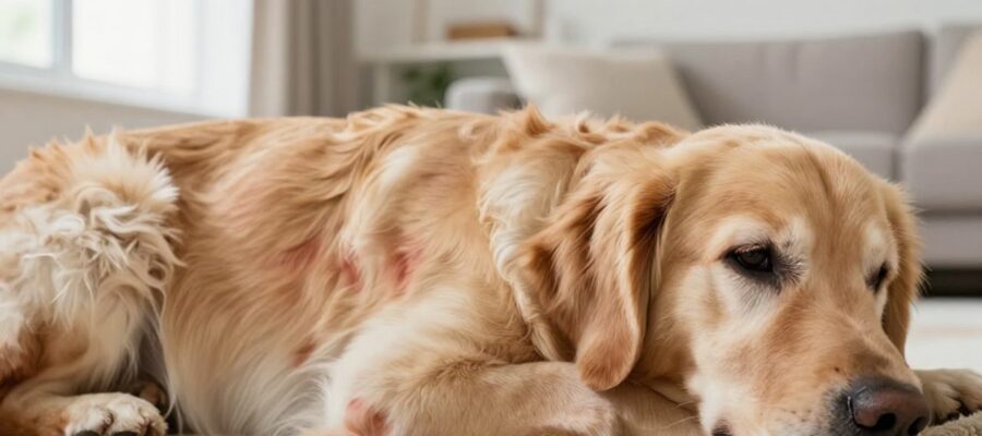 Primer plano de la piel de un perro golden retriever con zonas de enrojecimiento e irritación en el área del abdomen.