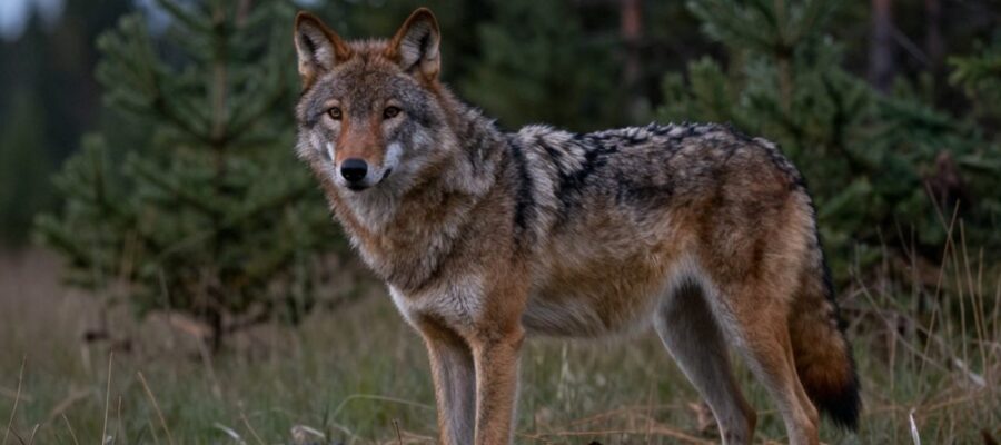 Primer plano de un coyolobo con pelaje grisáceo y orejas puntiagudas que observa atentamente desde la transición entre un bosque y un prado al atardecer.
