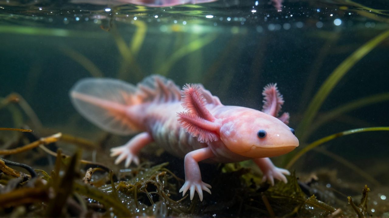 Un ajolote rosado con sus branquias extendidas nada en las aguas turbias de un canal de Xochimilco entre vegetación acuática.