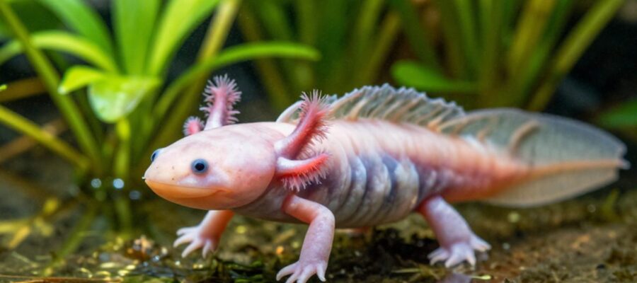 Axolote rosa nadando entre plantas acuáticas y nenúfares en un canal de Xochimilco.
