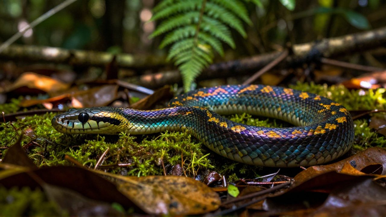 Una boa arcoíris de escamas iridiscentes se desliza sobre el musgo y las hojas secas de un suelo de bosque tropical.