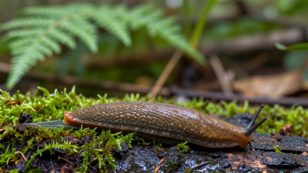Una babosa colorida se desplaza sobre el musgo verde y la madera húmeda de un suelo de bosque.