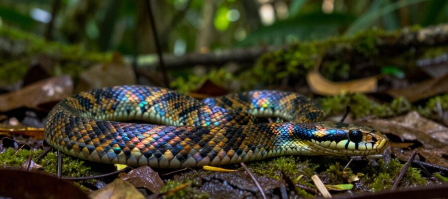 Una boa arcoíris de escamas iridiscentes se desliza sobre un suelo de bosque cubierto de musgo y hojas secas.