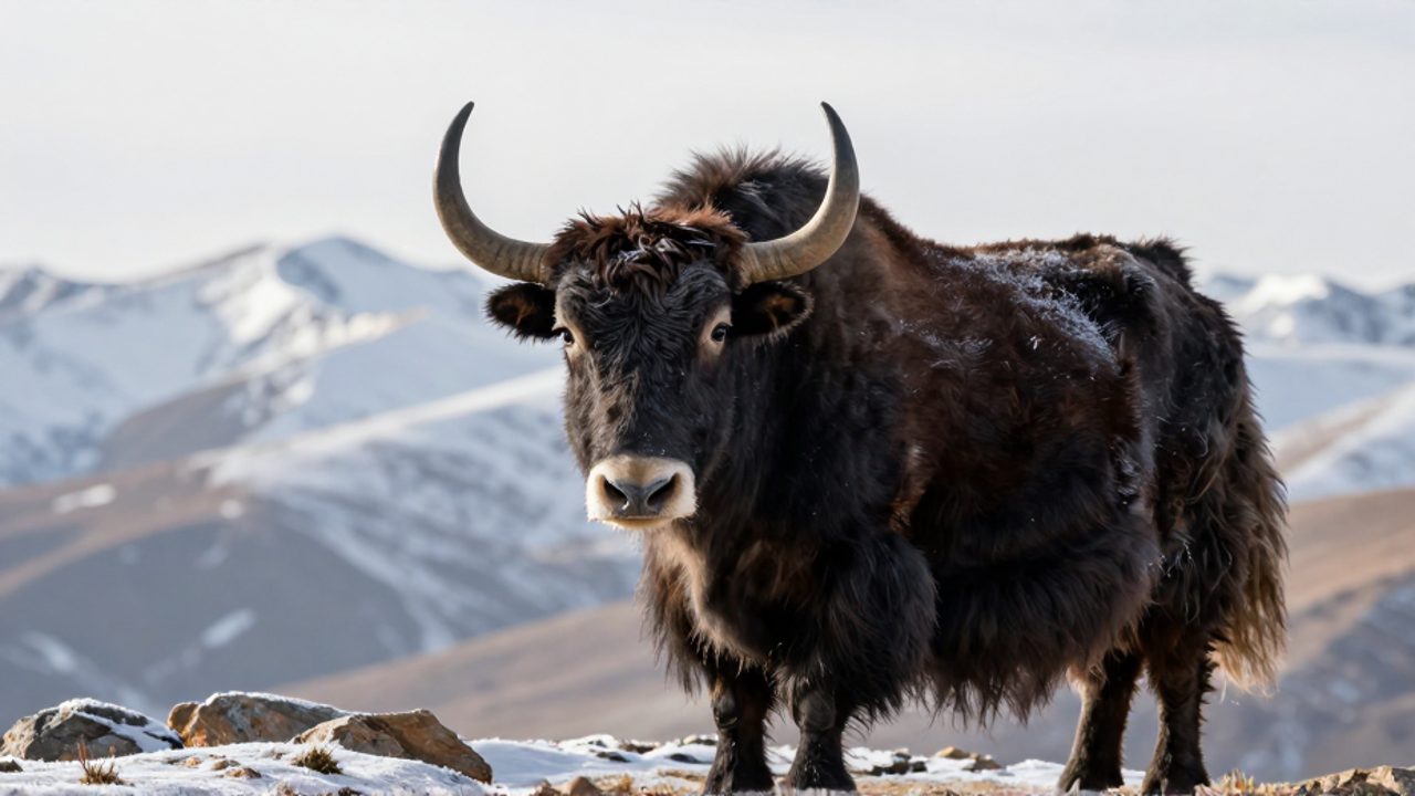 Un yak de pelaje oscuro y espeso con restos de escarcha observa desde una cornisa rocosa en el paisaje montañoso del Tíbet.