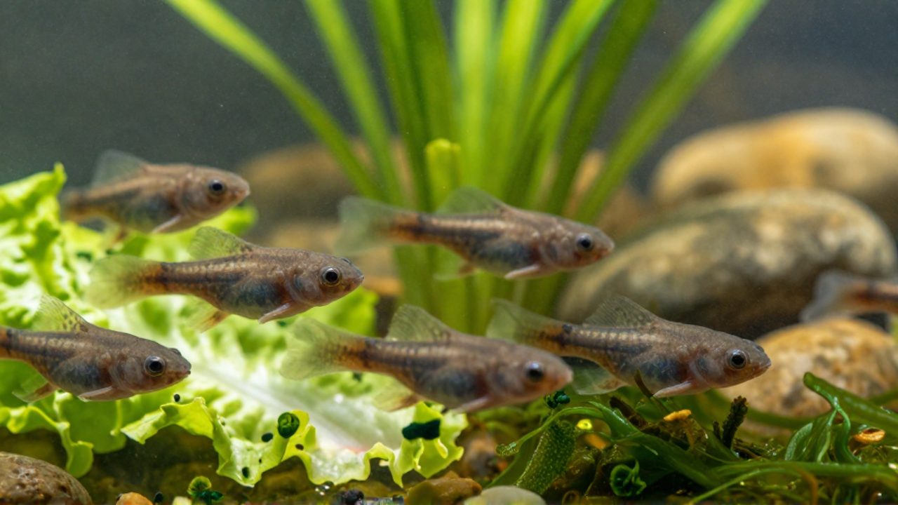 Varios renacuajos nadan en agua clara junto a trozos de lechuga romana y escamas de espirulina para su alimentación.