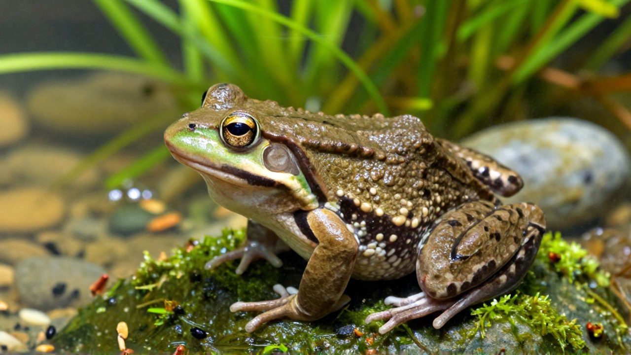 Rana de agua adulta sobre una piedra con musgo junto a insectos nutritivos en un entorno acuático saludable.