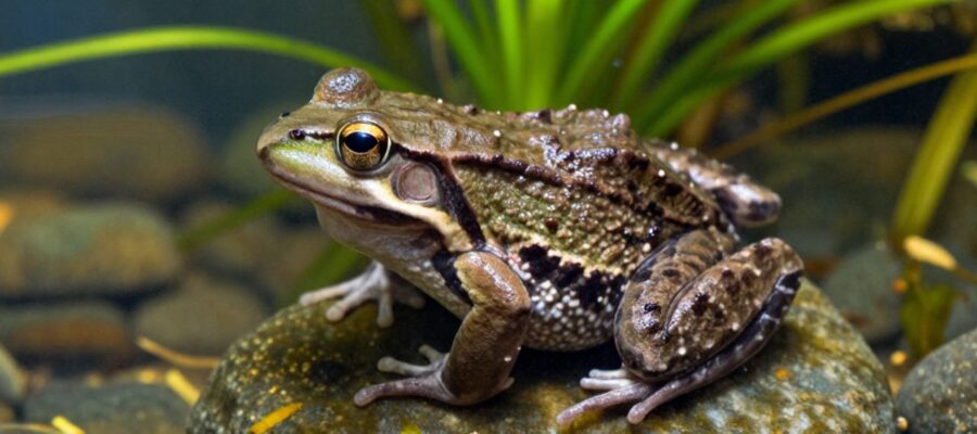 Una rana de agua adulta posada sobre una piedra en el fondo de un acuario con plantas acuáticas.