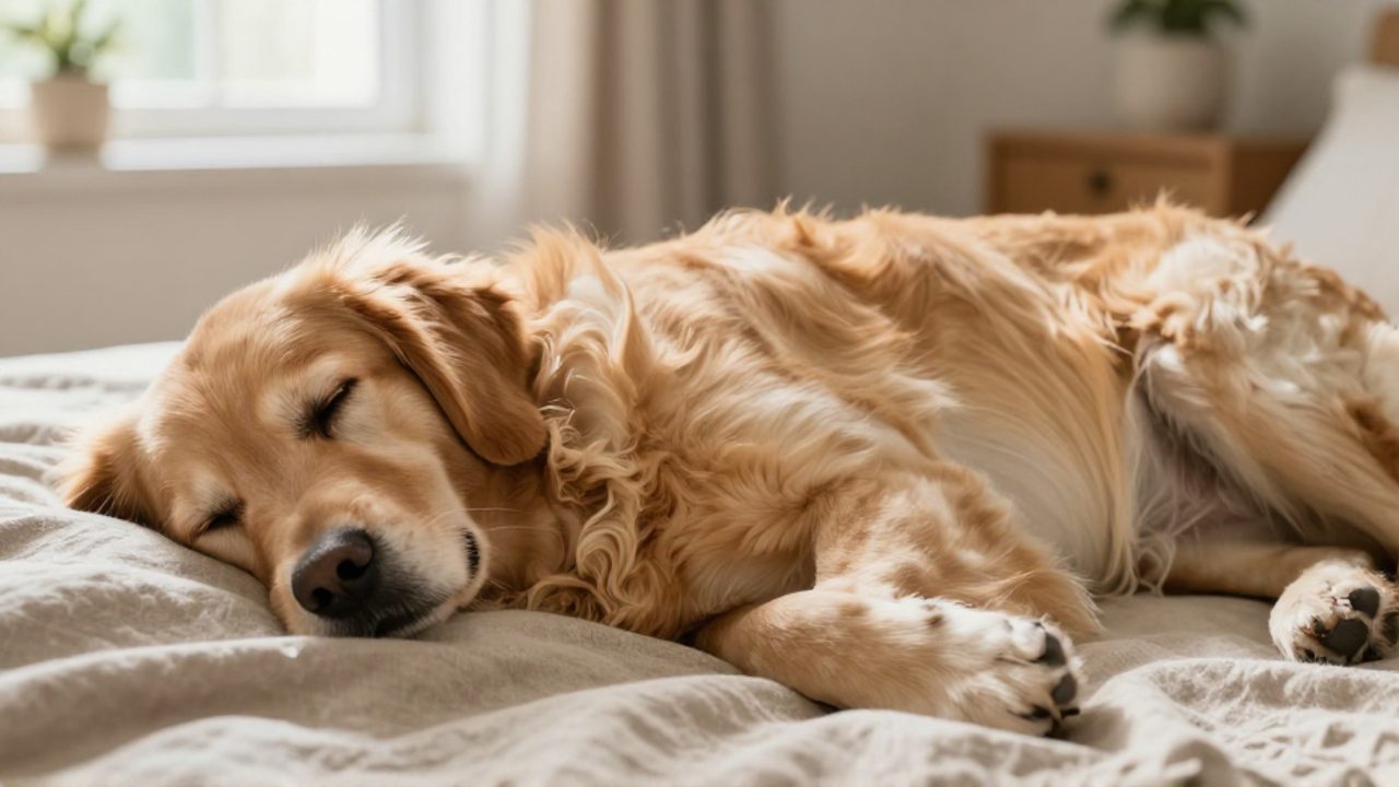 Un perro Golden Retriever duerme tranquilamente sobre una manta, mostrando el movimiento rítmico de su pecho al respirar en reposo.