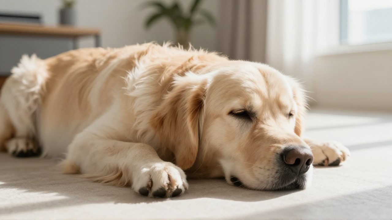 Un perro Golden Retriever descansa tranquilo sobre una superficie suave, mostrando el movimiento rítmico de su pecho al respirar.